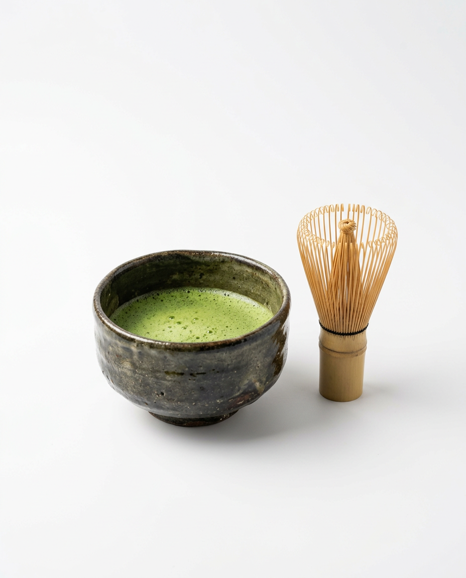A bowl of whisked ceremonial matcha next to a bamboo whisk