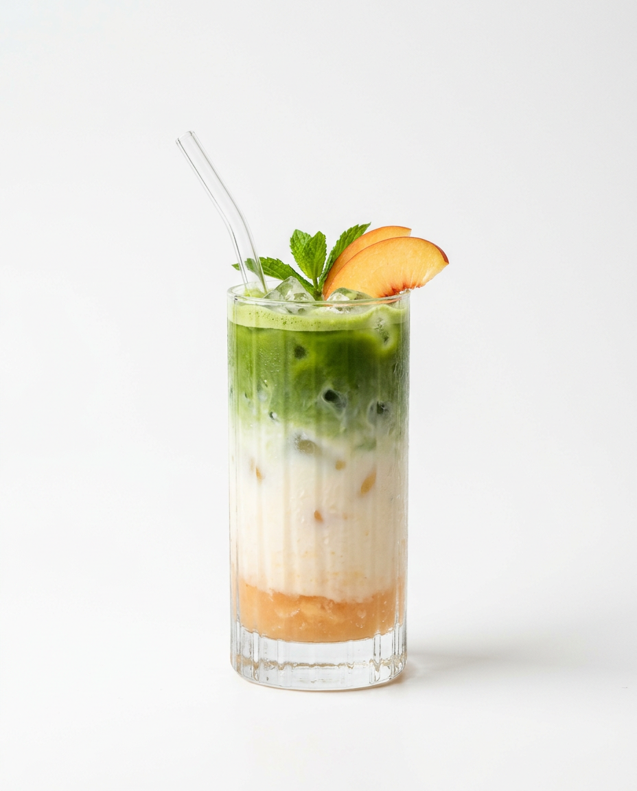 A tall glass of layered iced matcha with a slice of peach and mint