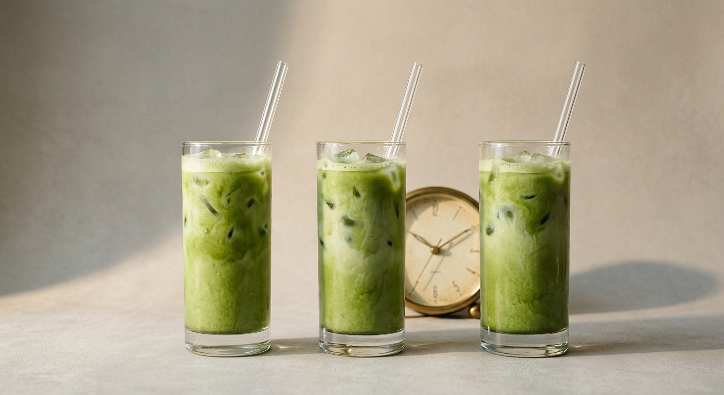 Three tall glasses of iced matcha in a row beside a small brass clock