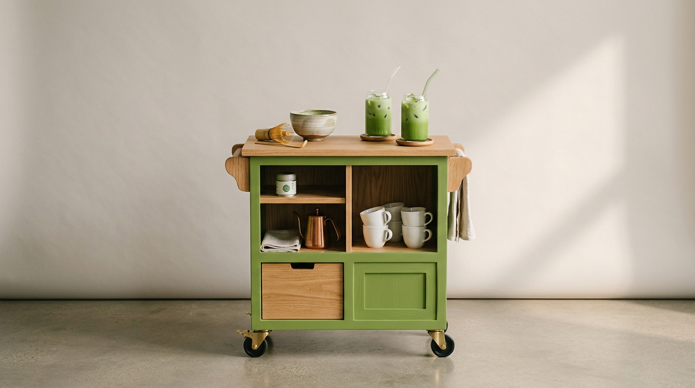 A compact green and wood coffee cart with a matcha bowl, whisk and two iced matchas on top