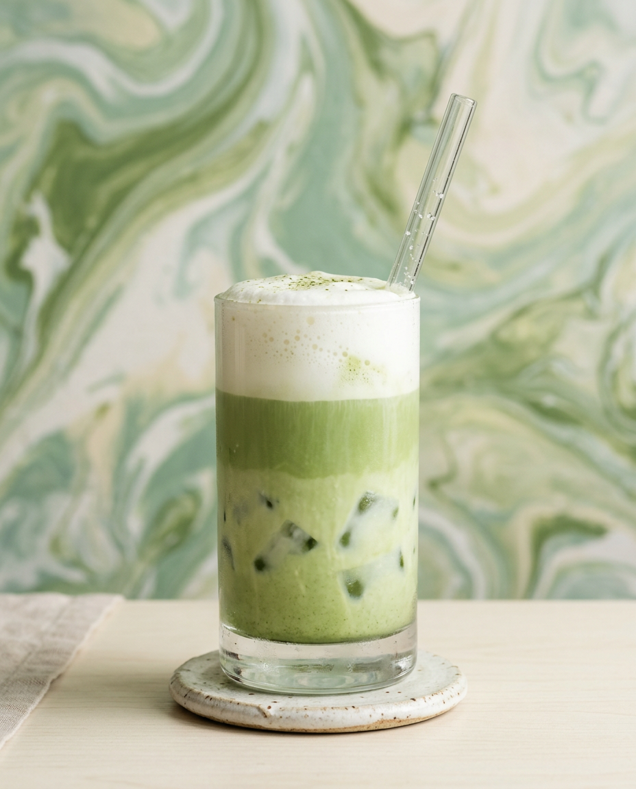 A tall glass of layered iced matcha latte on a ceramic coaster in front of a green marbled wall