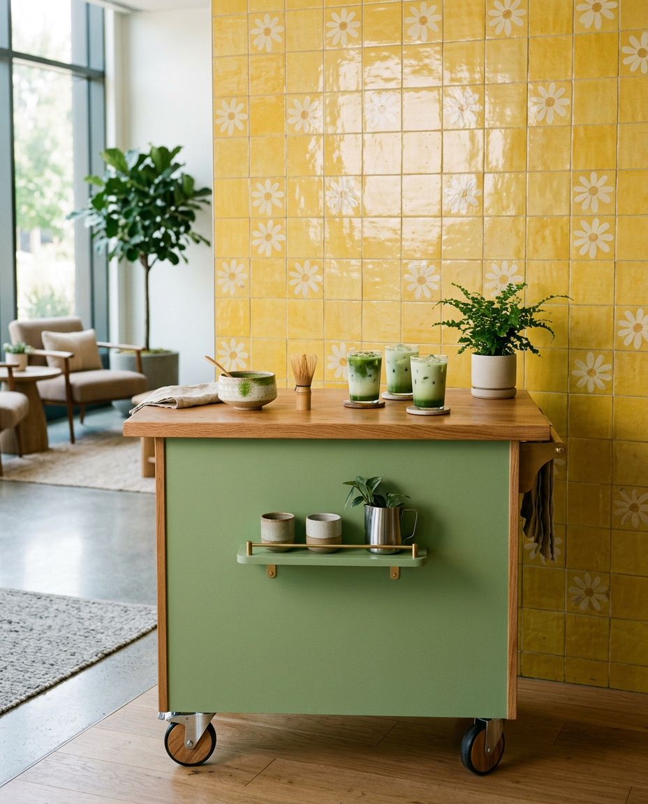 A green and wood coffee cart with matcha bowls and iced matcha, set up against a yellow tile wall in an office lobby