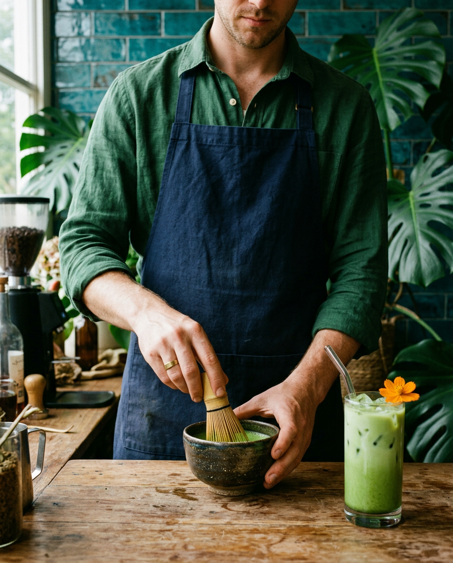 A barista whisking matcha in a ceramic bowl at a counter, with an iced matcha beside it